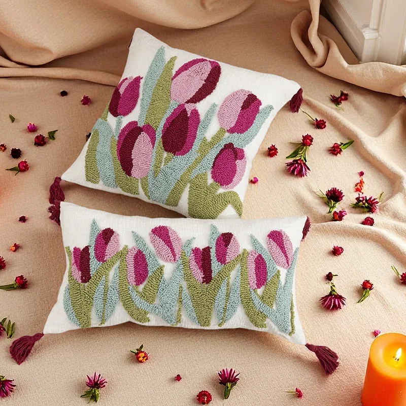

Throw Cushion Cover Fashion Plant Tulip Circle Fleece Embroidery Tassel Flower Bedroom Living Room Sofa Bedroom Pillow Cover
