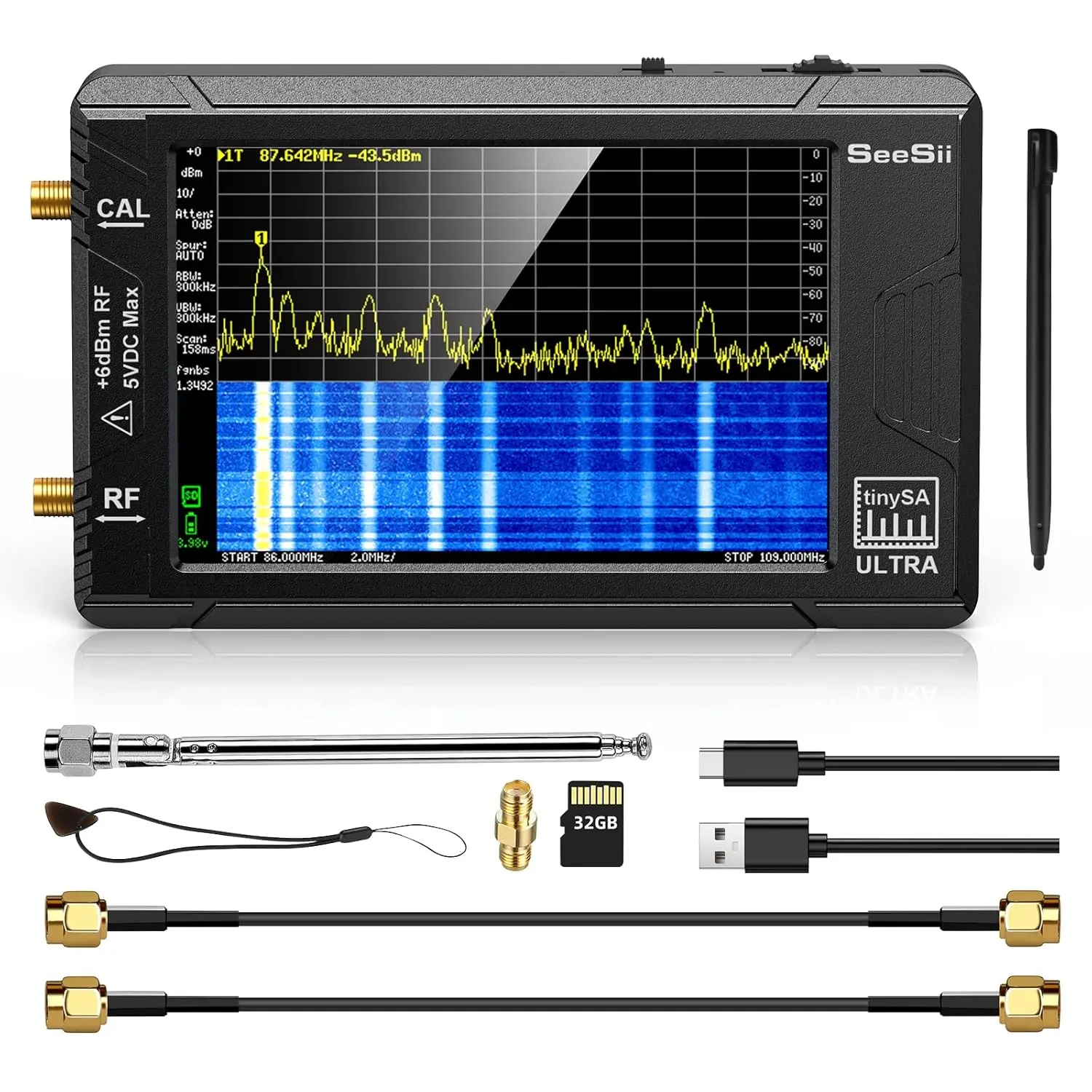 TinySA Ultra Spectrum Analyzer, 4.0 Inch 100kHz to 5.3GHz Handheld Tiny Frequency Analyzer with 32Gb Card, 2-in-1Signal Generato