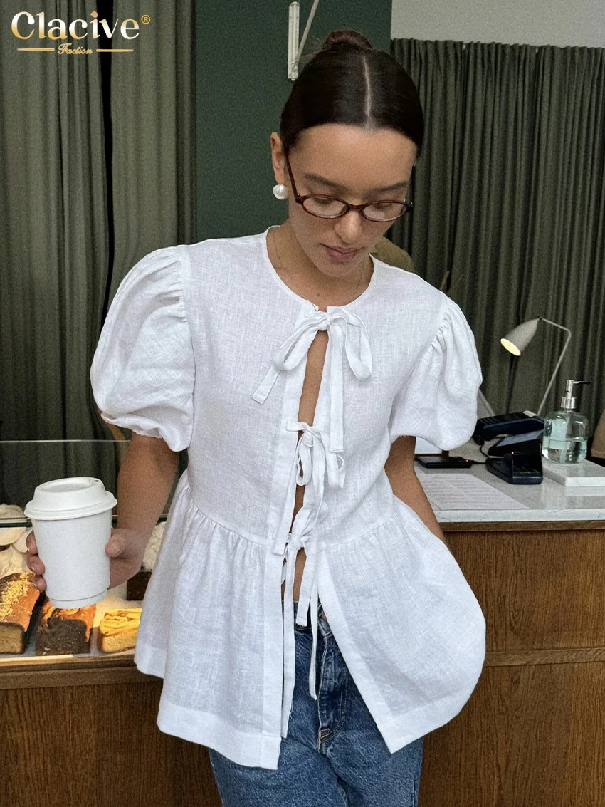 

Clacive Summer Loose White Cotton Women's Shirt Fashion O-Neck Short Sleeve Shirts Elegant Classic Lace-Up Top Female Clothing