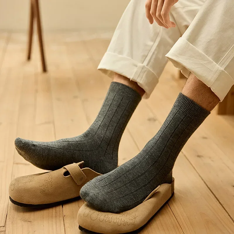 Mens Socks Autumn Winter Thick Warmer Middle Tube Socks Men Male Wool Cashmere Thermal Solid Color Black Gray Elastic Long Socks