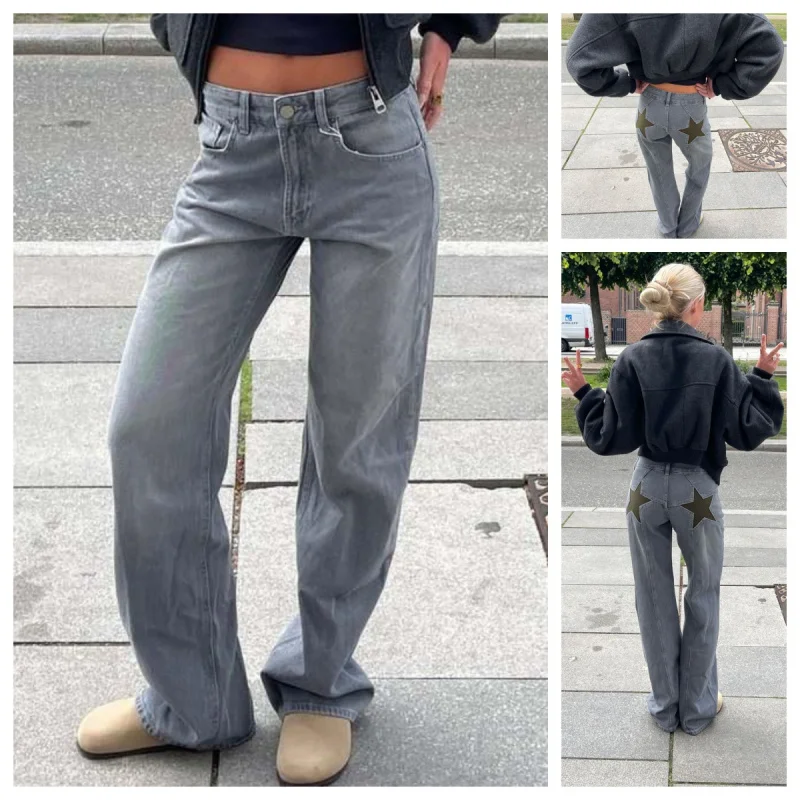 

Женские винтажные джинсы со звездным принтом — свободные джинсовые прямые брюки с низкой посадкой, повседневные брюки в стиле ретро Y2K