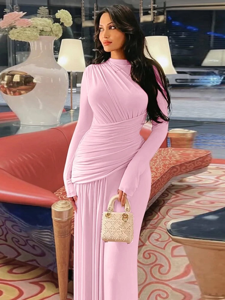 FDYOUI Frau Langarm Hohe Taille Rosa Urlaub Kleid Damen Tuniken Geraffte Lange Maxi Geburtstag Party Kleider Abend Abendkleid