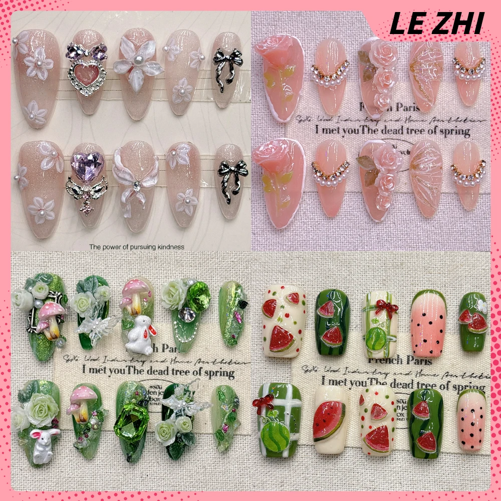 

High Quality Short Square Almond Handmande Wearable Press On Nails 3D Flower Metal Wings Rhinestone Pearl Nail Party Sticker