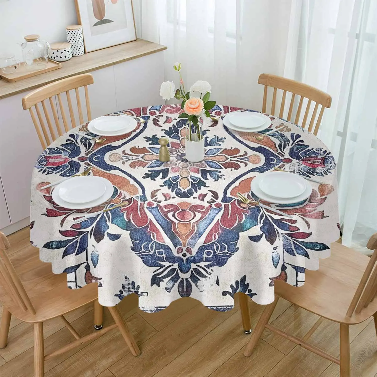 

Bohemian Retro Pattern Round Table Cloth Festival Dining Tablecloth Waterproof Table Cover for Wedding Party Decor