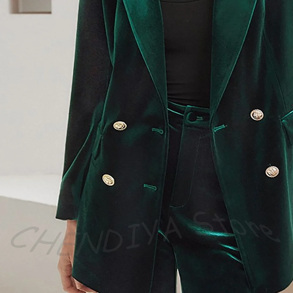 Customized Casual Women Suit Straight Casual Modern Outfits Peak Lapel Blazer Pants Velvet Elegant Evening Party Female Set