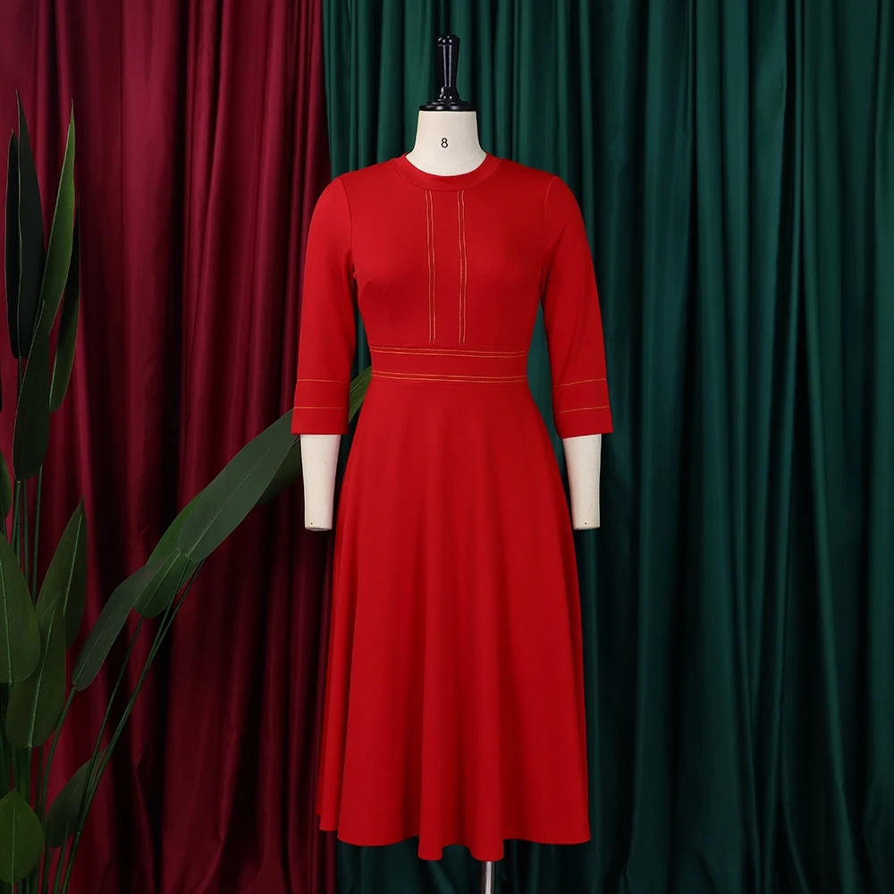 Elegant Party Dresses for Women 2024 Luxury O Neck Three Quarter Sleeve High Waisted Pleated A Line Mid Calf Birthday Dress Robe