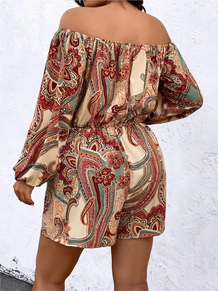 Plus Size Summer Geometric Print Mini Jumpsuit Short Women Off Shoulder Modis Ladies Jumpsuit Loose Pleated Woman Jumpsuit Short