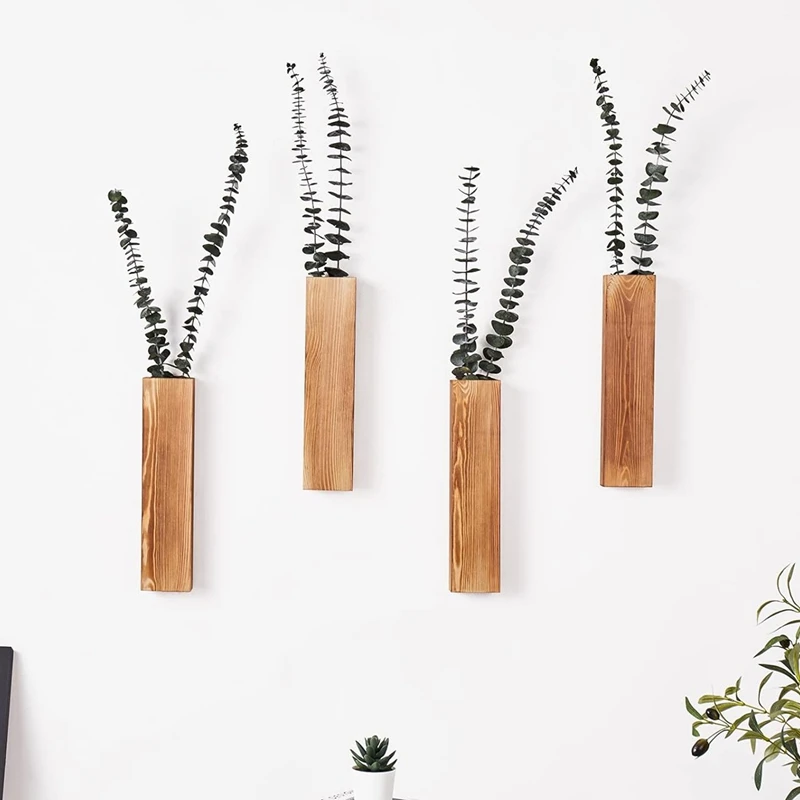 4 Pack Farmhouse Wooden Pocket Wall Vases Wood Wall Decor For Bedroom Living Room