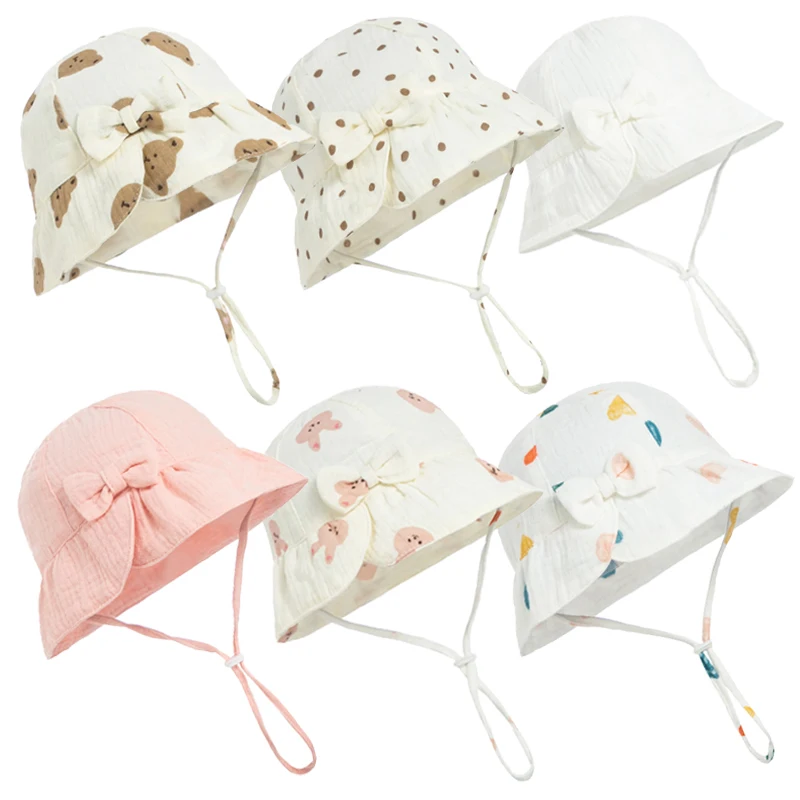 Bow Baby Bucket Hats for Girls Bunny Bear Printed Cotton Newborn Hat Summer Beach Sun Protection Toddler Infant Cap Accessories