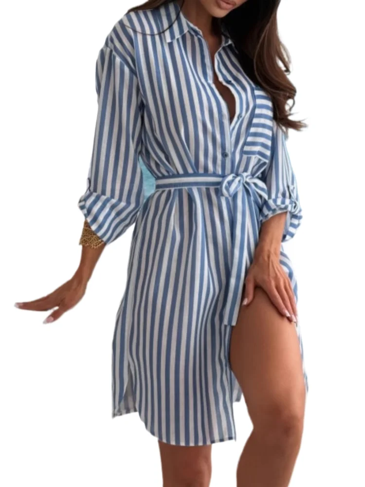 Moda impressão camisa vestido feminino casual listrado manga longa rendas vestidos para feminino casual escritório roupas femininas verão novo