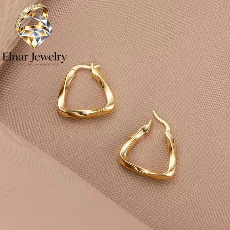 Elnar Jewelry Luxury 24K 9999 Pure Gold real gold French Geometric Triangle Earrings Women's Stud Earrings
