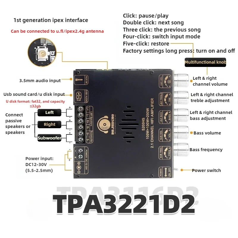 SOTAMIA TPA3221 بلوتوث مكبر كهربائي الصوت Board100Wx2 + 200W مضخم الصوت مكبر للصوت AUX USB مكبر للصوت سوبر TPA3116