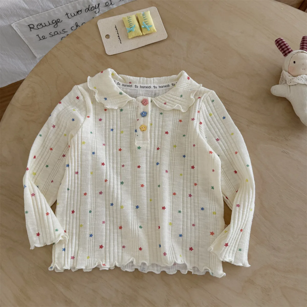 Girls' 2026 Autumn Colorful Star Printed Long Sleeve POLO Collar T-shirt Spring and Autumn Children Doll Collar Versatile Top