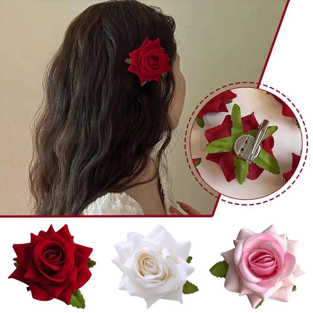 Retro Red Rose Flower Hairpin Artifical Rose Hair Clip Rose Floral Hair Brooch And Pins For Women Girl Bridal Bridesmaid Wedding