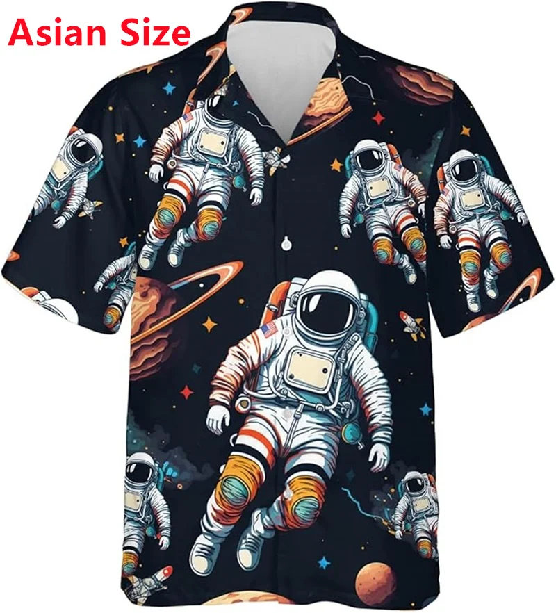 Mens Astronaut Pattern Printed Hawaiian Shirts New In Casual Short Sleeve Button Down Beach Shirts Clothes Mens Vacation Shirts