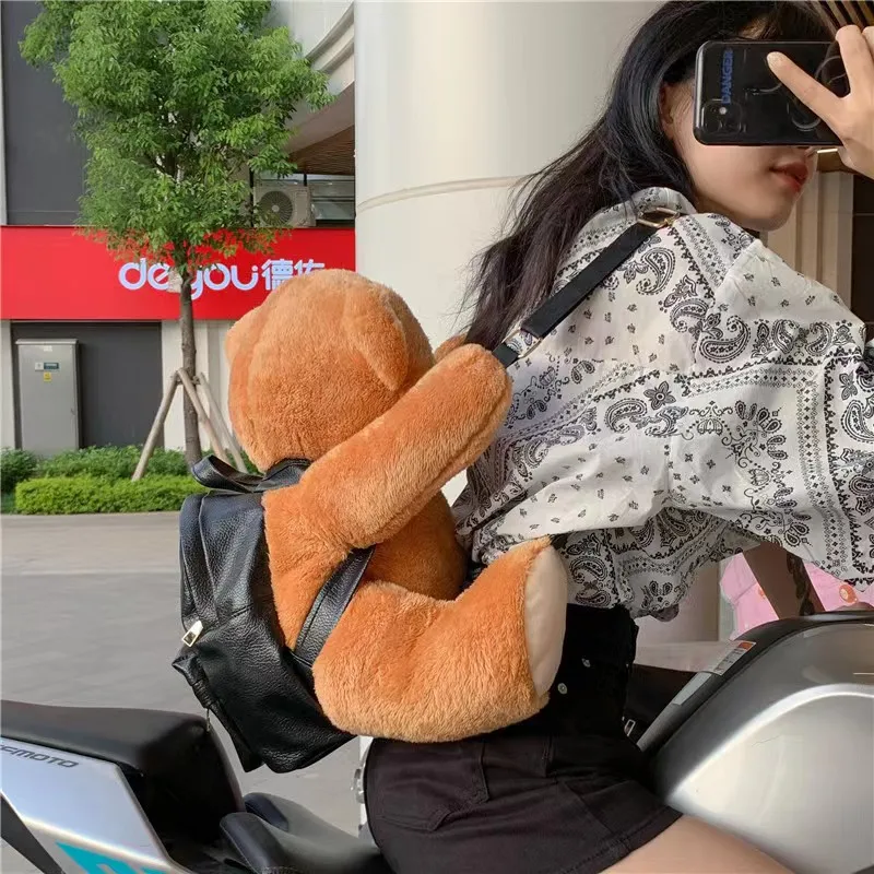 30/45cm Lovely Teddy Bear Plush Backpack Cute Motorcycle Bear Stuffed Animal Backpack Soft Toy Bear Bag Fashion Girls Woman Bag