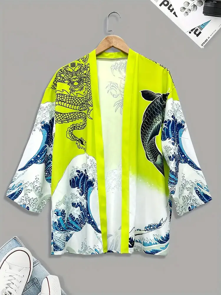Pakaian Pria Cardigan Santai Liburan Luar Ruangan, Kimono Tradisional Jepang, Cardigan Pria Cetak 3D Motif Gelombang Kimono Tradisional