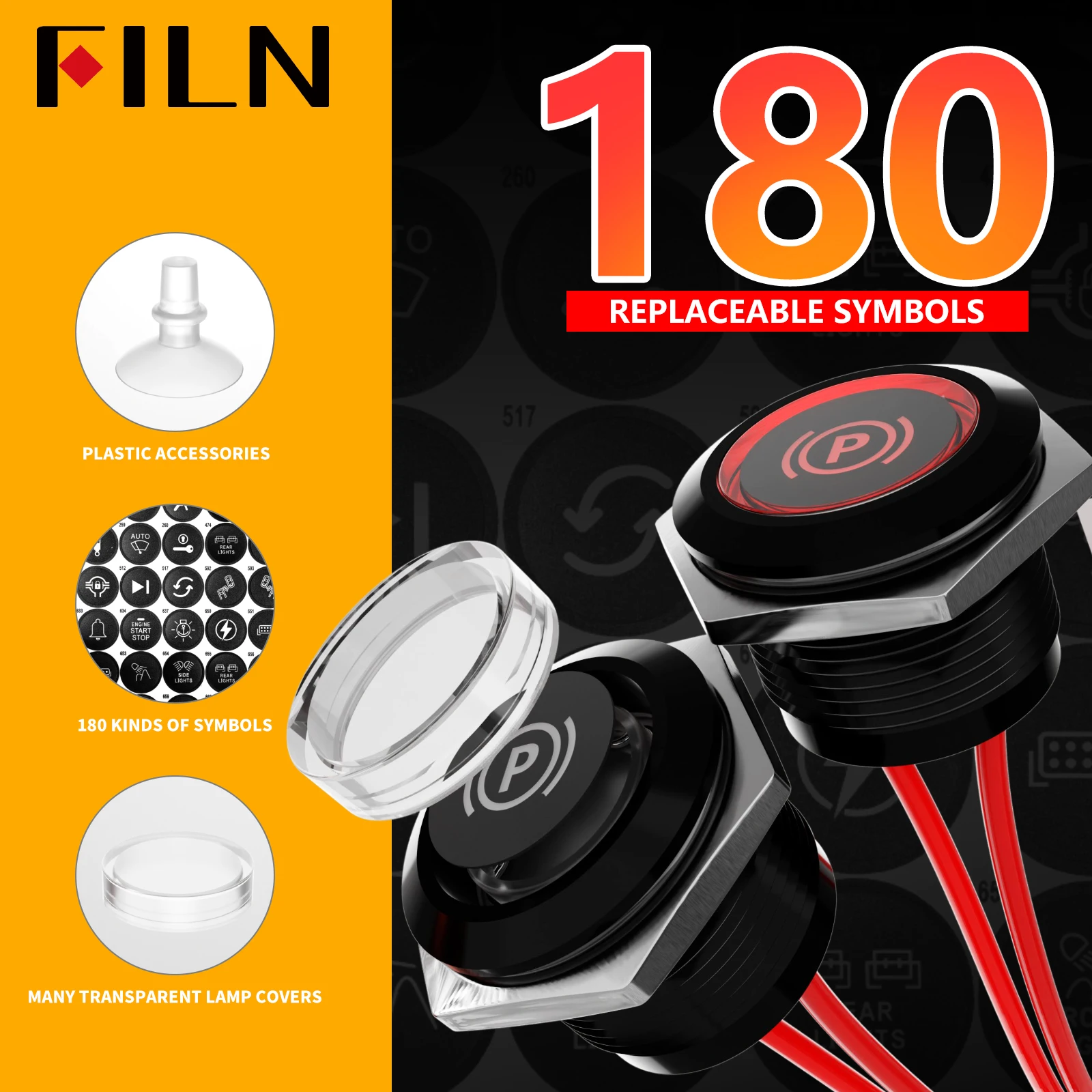 FILN 2-Unit 19mm Aluminum Body LED Indicator Lamp IP67 Waterproof Signal Warning Light for Car Boat Yacht 180 Symbols