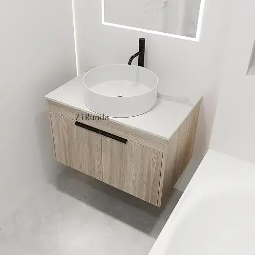 30" floating bathroom vanity with washbasin, with marble top and ceramic round washbasin, bathroom vanity