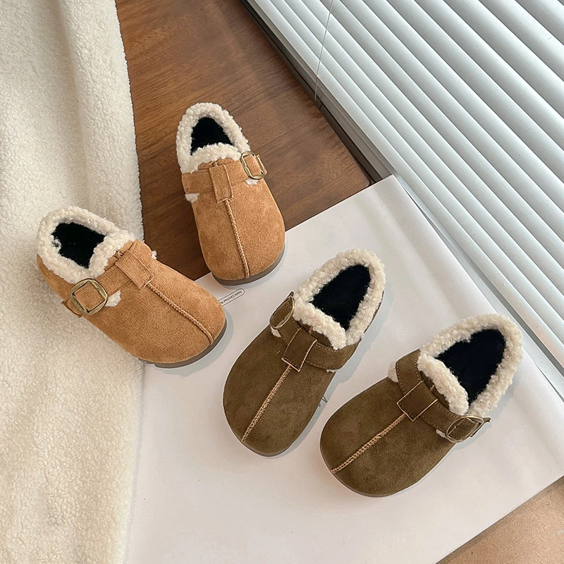 

2025 Autumn Winter Boys and Girls Shoes Casual Flat Shoes Children Soft Loafers Fashion Comfort Warm Plush Slip on Cotton Shoes