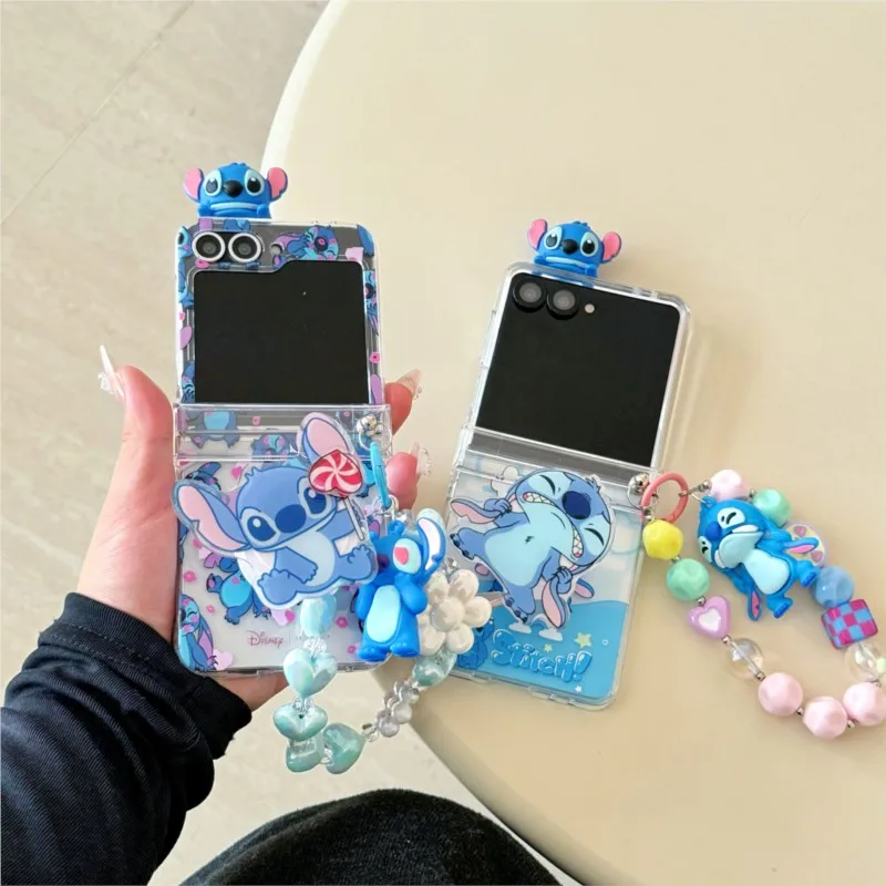 Cute 3D cartoon Stitch folding strap hanging rope holder phone case for Samsung Zflip 7 6 5 4 3 FE anti drop protective case