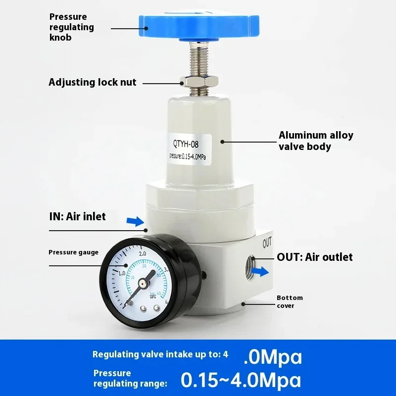 هوائي QTYH ارتفاع ضغط 0 ~ 40 بار منظم الهواء مع منفذ قياس 1/4 3/8 1/2 2 بوصة BSP 1/2 "QTYH QTY-08 10 15 20 25 32 40 50 #4