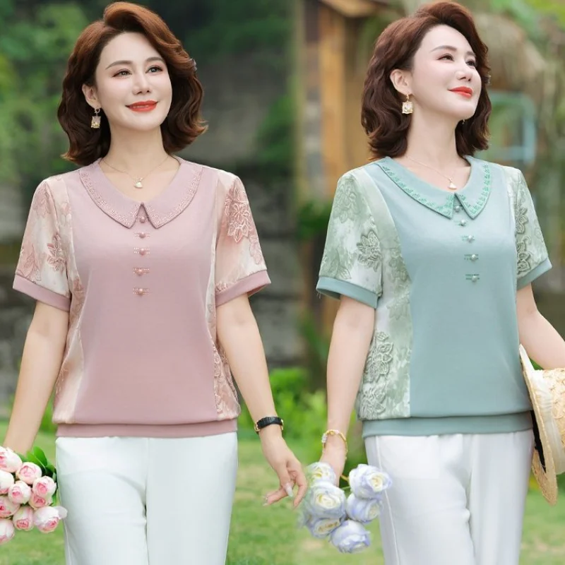 

Women's Floral Patchwork Peter Pan Collar Short Sleeve Casual T-Shirt