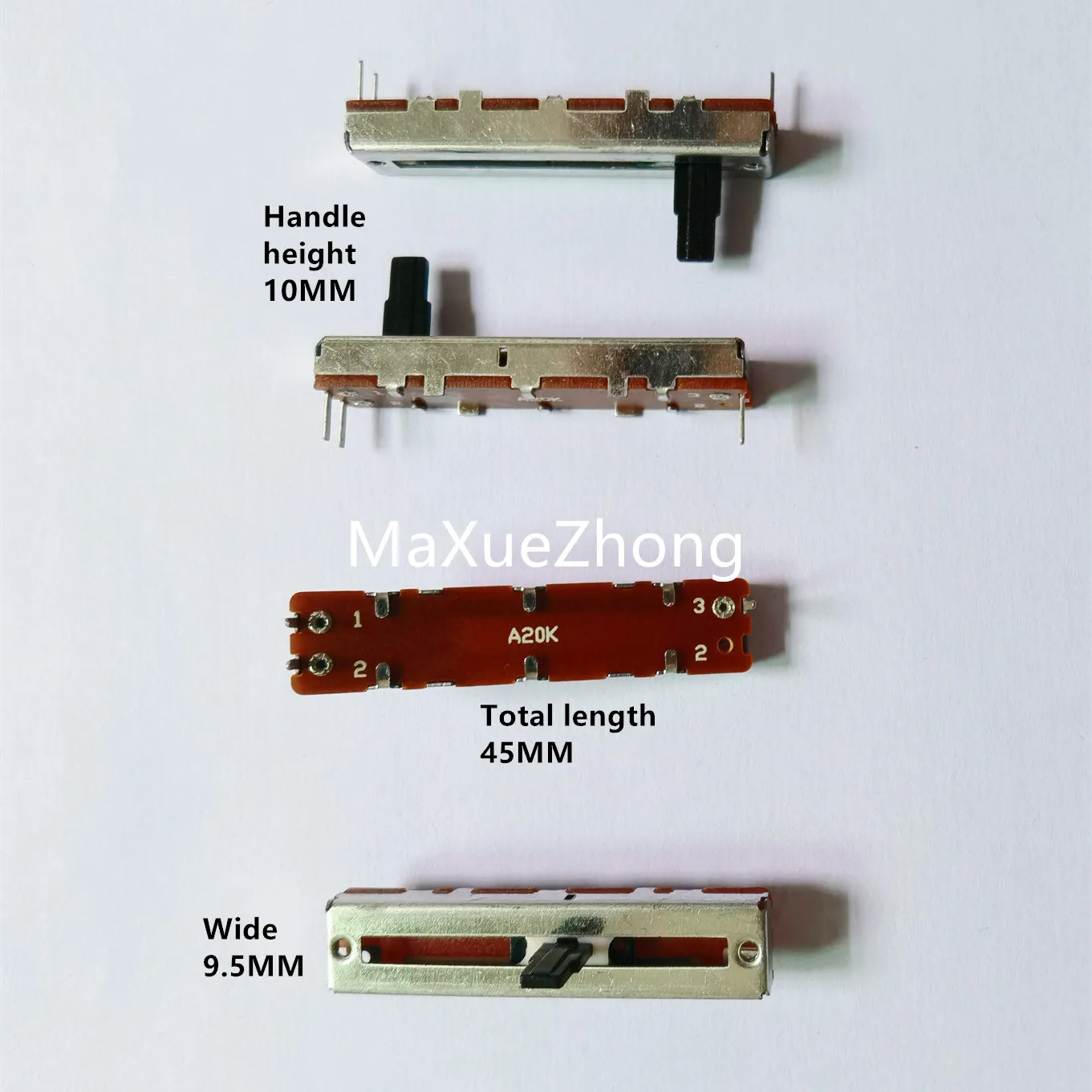 

Original new 100% straight sliding potentiometer long 45MM wide 9.5MM handle height 10MM resistance value B10K A20K B500K SWITCH