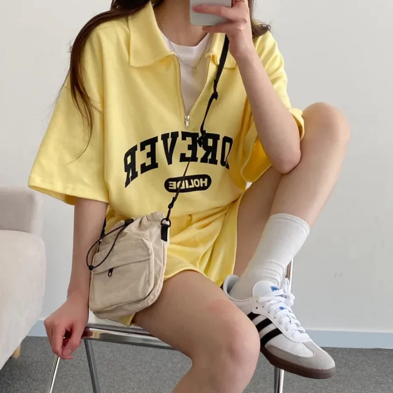 2024 Oversized Loose Letter Blouses Shorts Sets Female 2 Piece Set Women Outfit Casual Korean Suits Y2k Womens Summer Short Sets