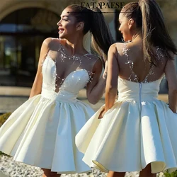 FATAPAESE Sexy Illusion Sleeveless Ivory White Sweetheart Illusion Neck with Pearl -line Beads Backless Short Homecoming Dress