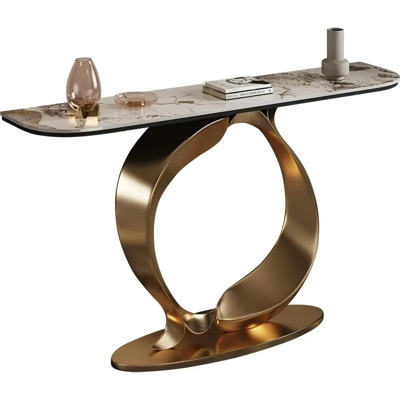 

Villa Living Room Light Luxury Entrance Stainless Steel Integrated Wall Strip Nordic Modern Simple Rock Slab Entrance Table