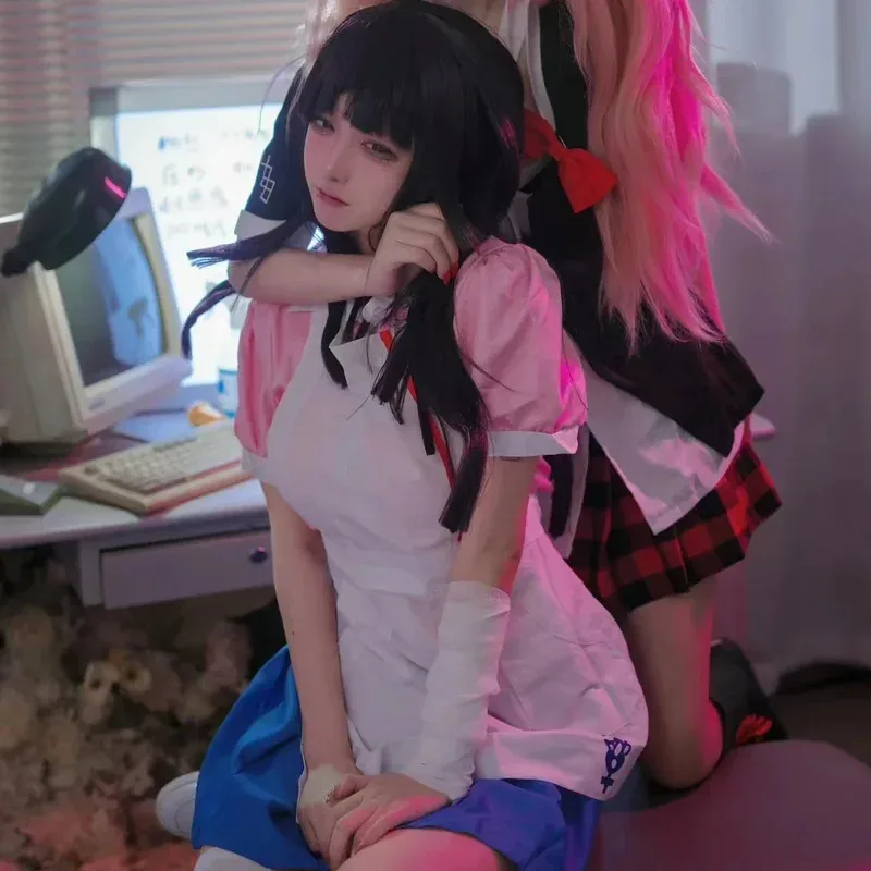 CyDanganronpa Mikan Tsumiki 코스프레 의상 가발 포함 애니메이션 할로윈 절망 궁극의 간호사 유니폼 메이드 의상 여성용 풀 세트