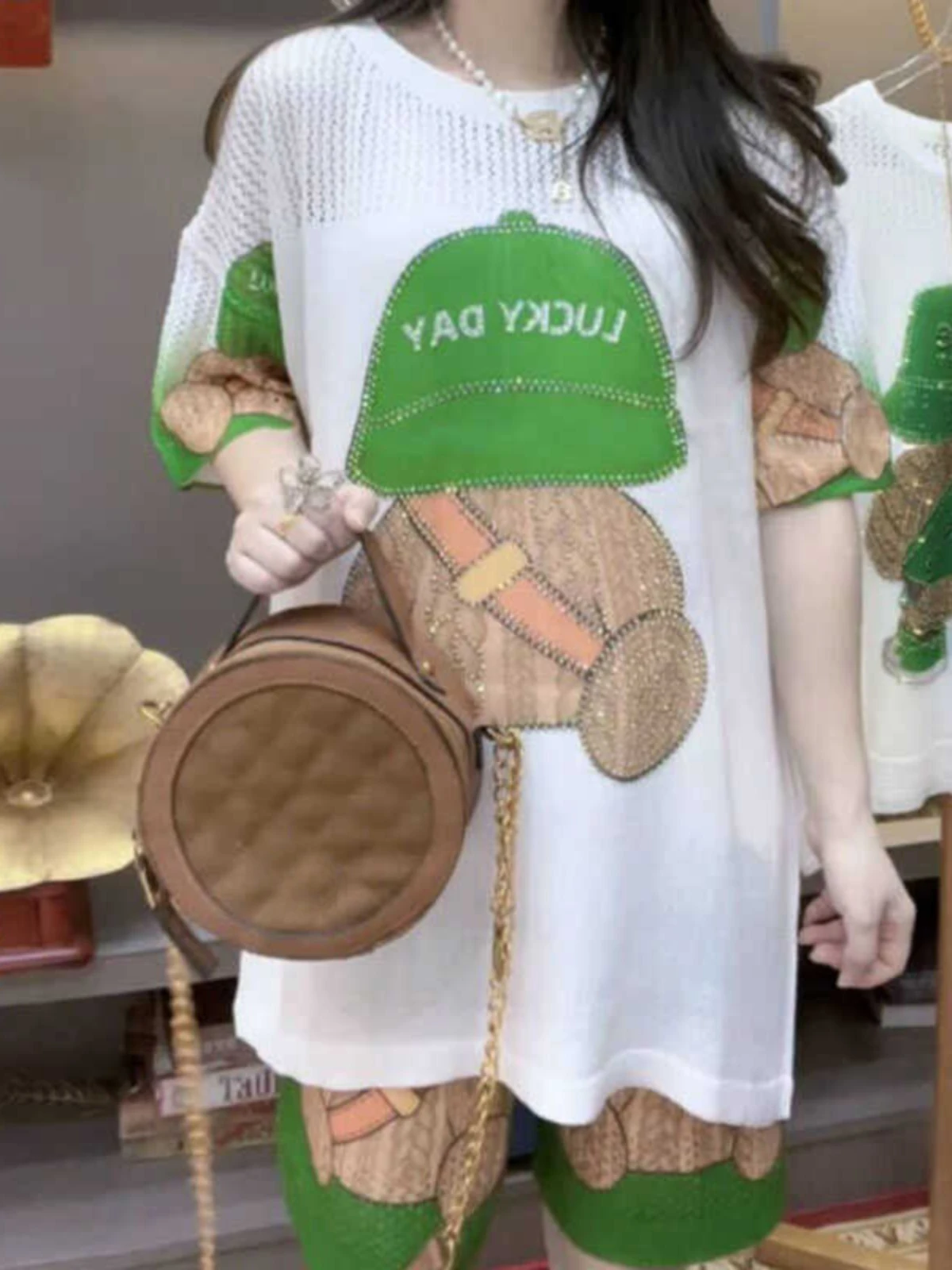 Cartoon Shorts Suit Women 2024 Summer New Backpack Hat Bear Hollow Rhinestone Short Sleeve T-shirt Loose Casual 2 Piece Sets