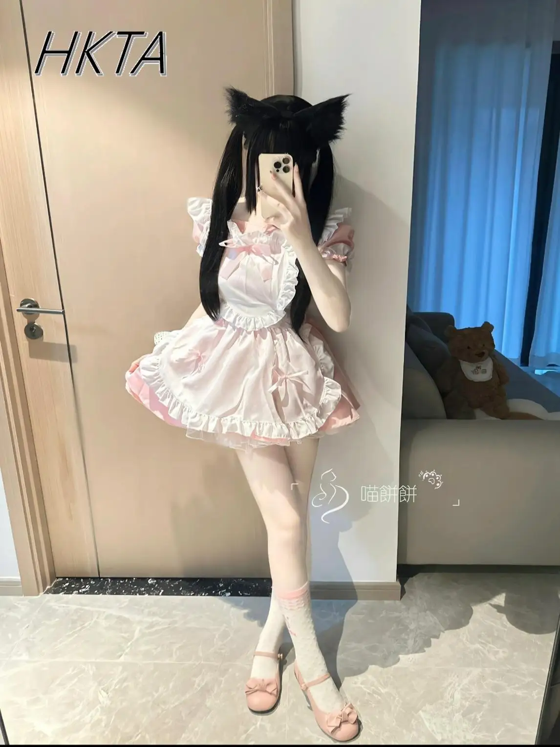 

Lolita Sweet Cute Pink Dresses Women Spring Summer Bubble Sleeves Bow Love Chiffon Short Dress Girl Knee High Socks Ladies Sets