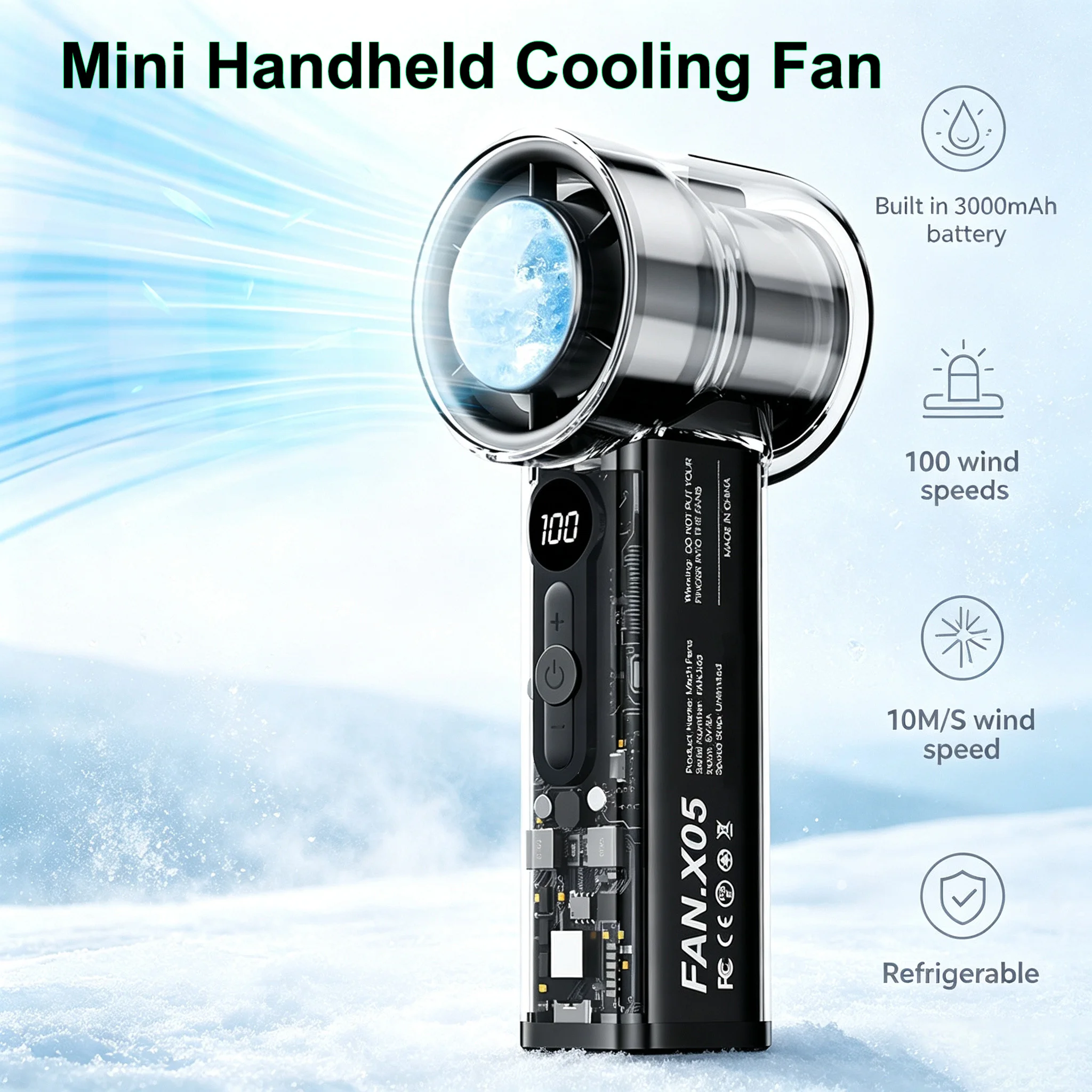 Mini ventilateur de poche avec écran LED, batterie 3000 mAh, ventilateur d'été portable et rafraîchissant, 100 vitesses de vent élevées 10 m/s