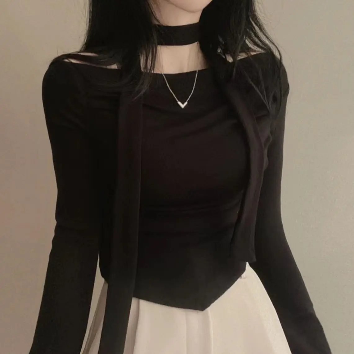 الكورية نمط ChicAutumnslims المرأة خارج الكتف كم طويل تي شيرت التخسيس مثير اقتصاص مطوي قاعدة الأعلى للأزياء #1