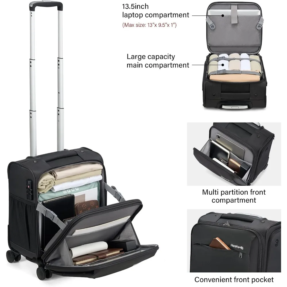 Lightweight 16 Inch Softside Underseat Carry-On Luggage with Wheels, Small Suitcase for Travel, Ultra-Portable Bag for Efficient