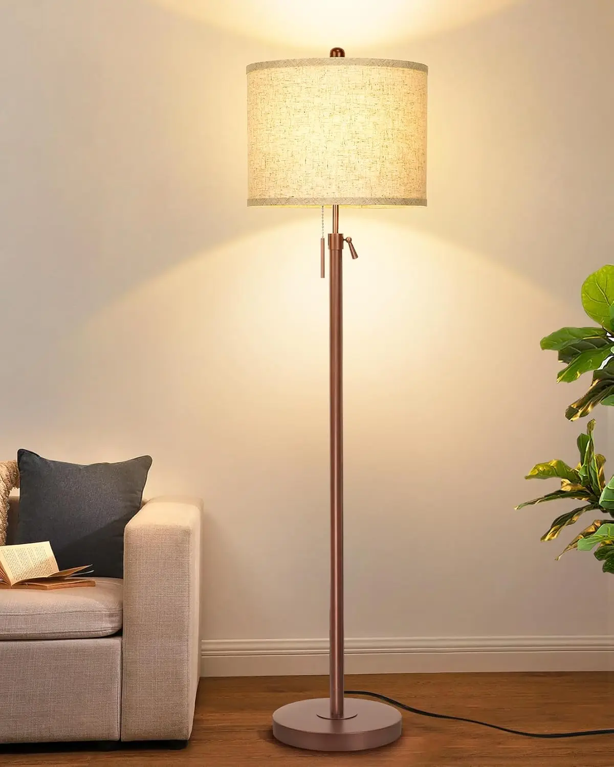 

Adjustable Brown Metal Floor Lamp with Linen Shade, 3-Way LED Bulb, Sturdy Base for Living Room or Bedroom