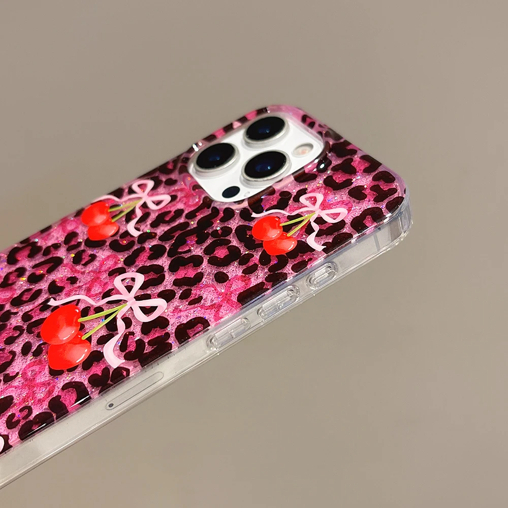Casing Ponsel Motif Macan Tutul Mawar Merah dengan Glitter Ceri untuk IPhone 13 15 14 16 Pro Max, Pelindung Anti Benturan Modis Berkilau untuk Iphone 17 Pro