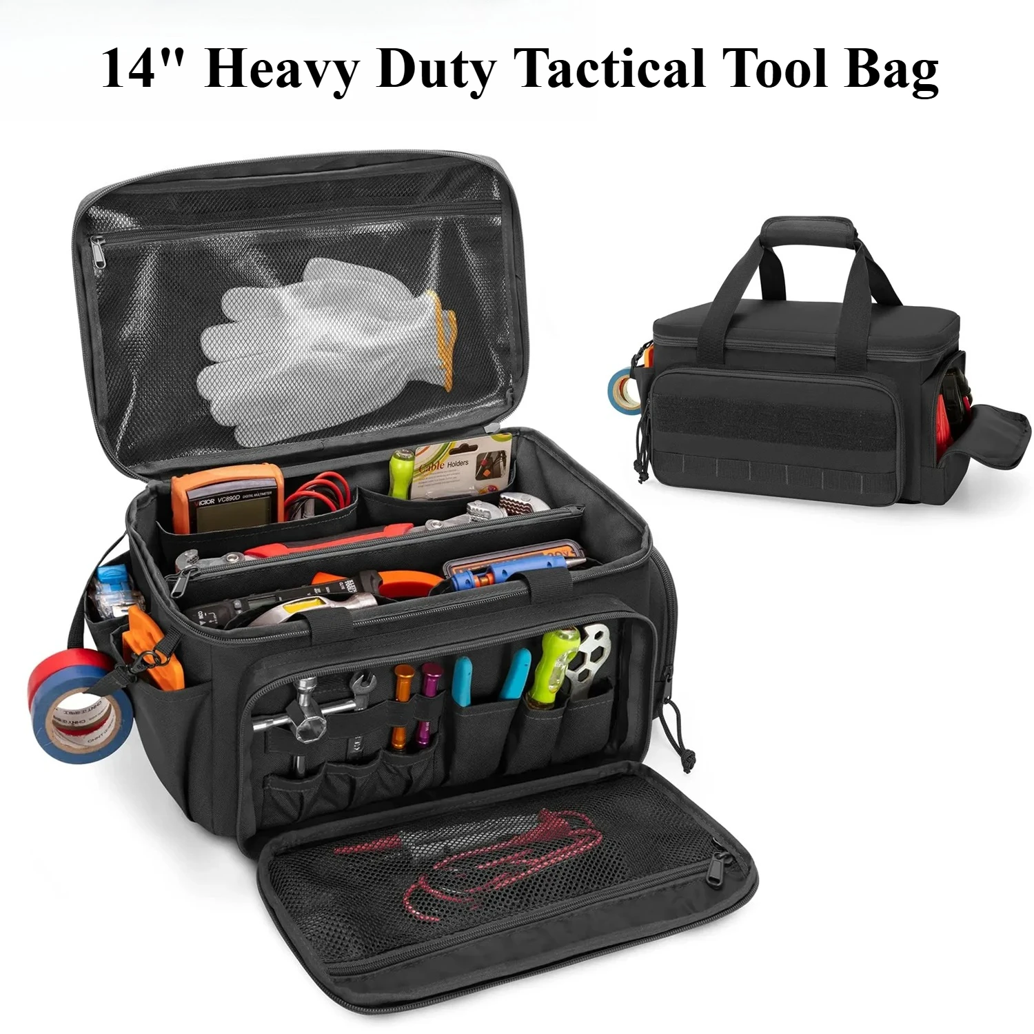 14" Heavy Duty Tactical Tool Bag Non-Slip Base Multipurpose Work Organizer for Handyman,Carpenter,Durable Portable Tool Storage
