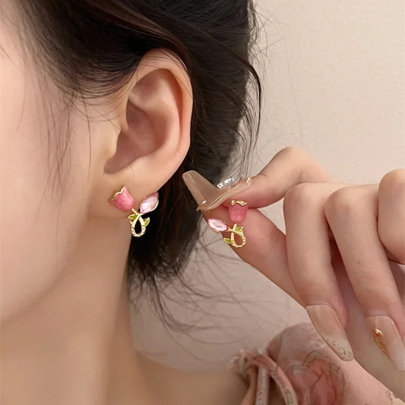 أقراط مرصعة بزهرة التوليب مرصعة بالزركونيا المكعبة للنساء ، لون وردي ، تصميم كوري بسيط ، مجوهرات أذن لصديق ، هدية عيد الميلاد #6