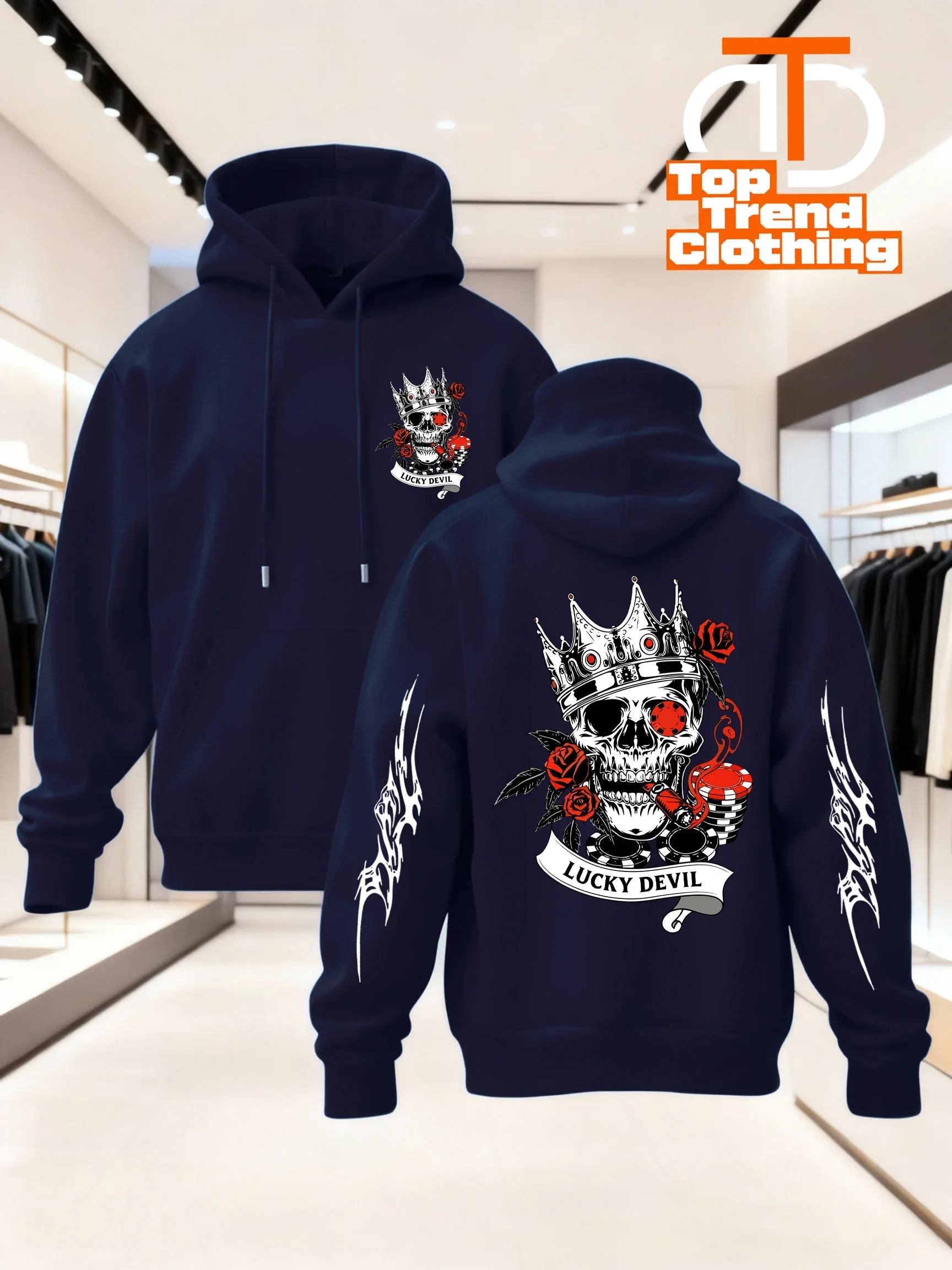 Men Lucky Devil Crown Skull Multi‑Print Hoodie Rose Poker Chip Sleeve Graphic Pullover Unisex Loose Fleece Lined Autumn Winter