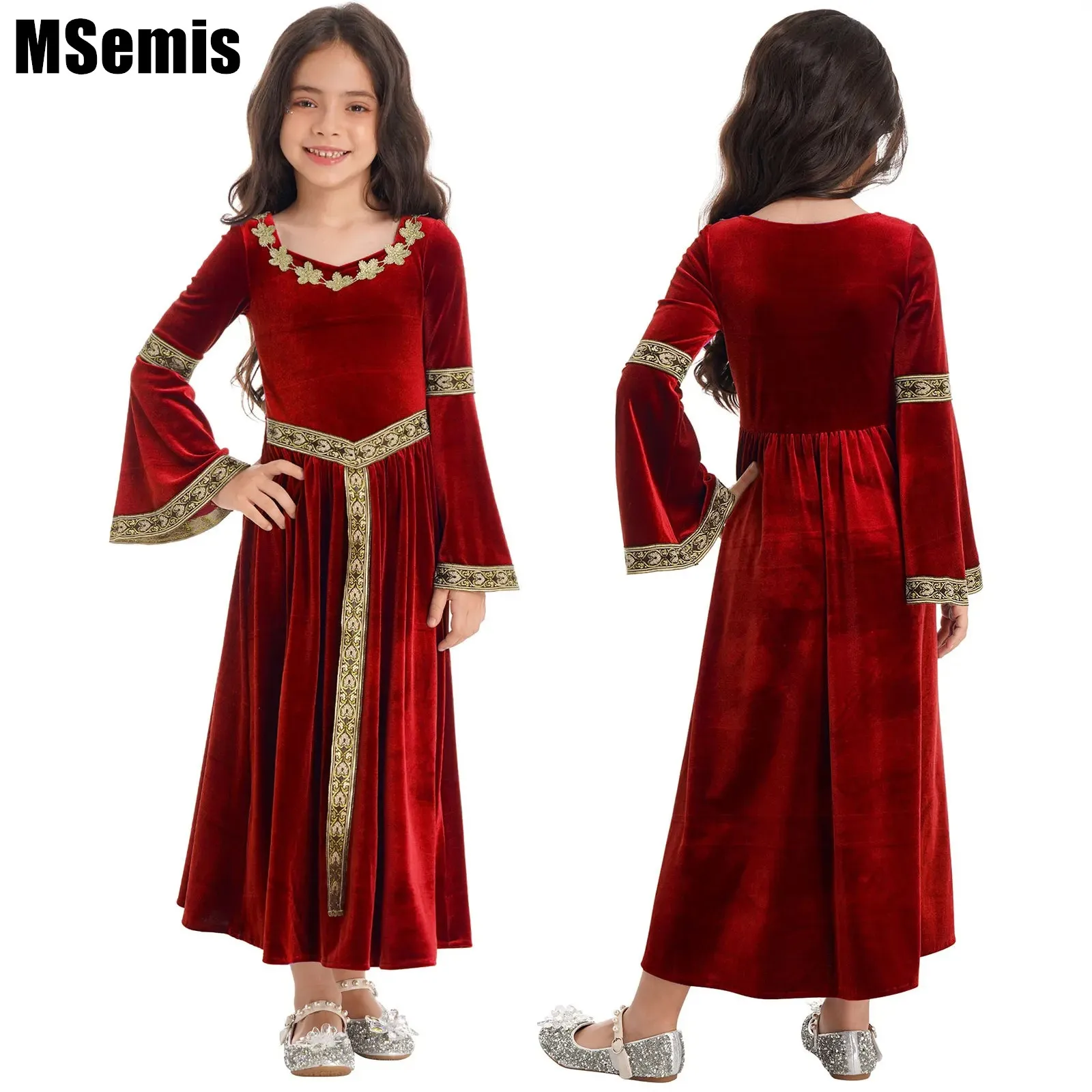 

Kids Girls Medieval Velvet Princess Dress Long Flare Sleeve Retro Patterned Band Dress Up Costumes