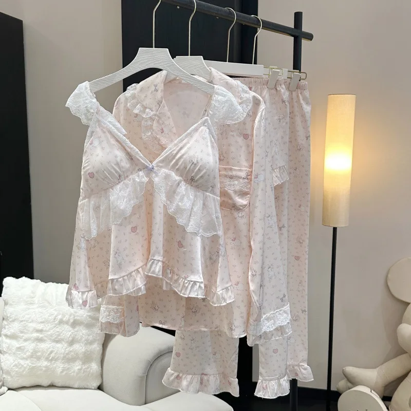 

Pink Sleepwear Sweet Lace Ruffles Cami Top Shorts 4Pcs Women Sleep Set Princess Style Rayon Home Clothes Loungewear Nightwear