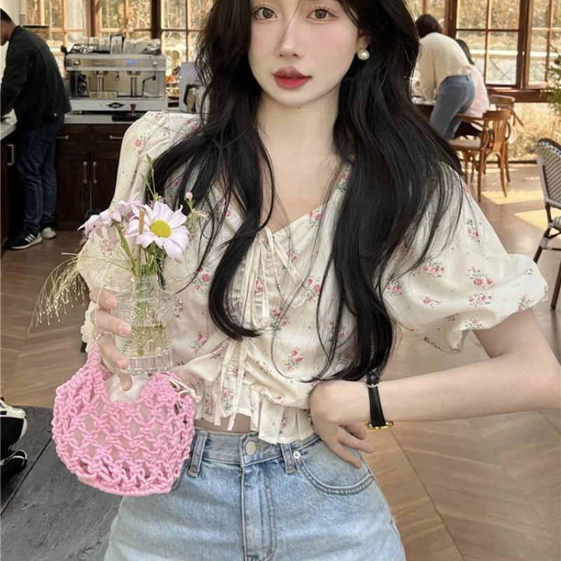 Women Blouse Floral Shirring Lace-up Chiffon Crop Tops Design Niche Korean Fashion All-match Chic Sweet Spicy Girls Summer Ins