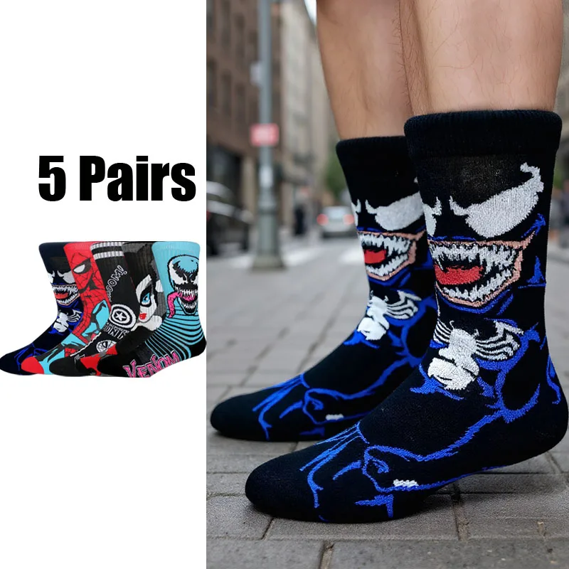 

5 Pairs New Anime Men Socks Marvel Venom Spider Man Long Socks Knee-High Couples cosplay Socks Hip Hop Funny Socks Size 36-44