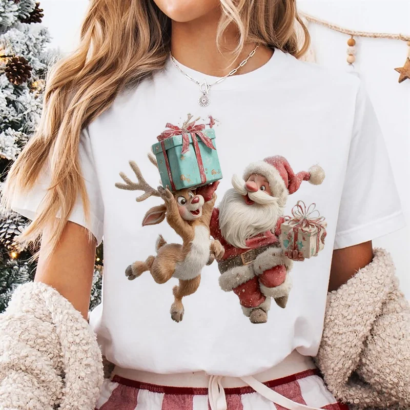 

Santa Claus Reindeer Print T-Shirt Short Sleeved Women's Regular Top Harajuku Short Sleeved Casual Versatile Top Clothes T-Shirt