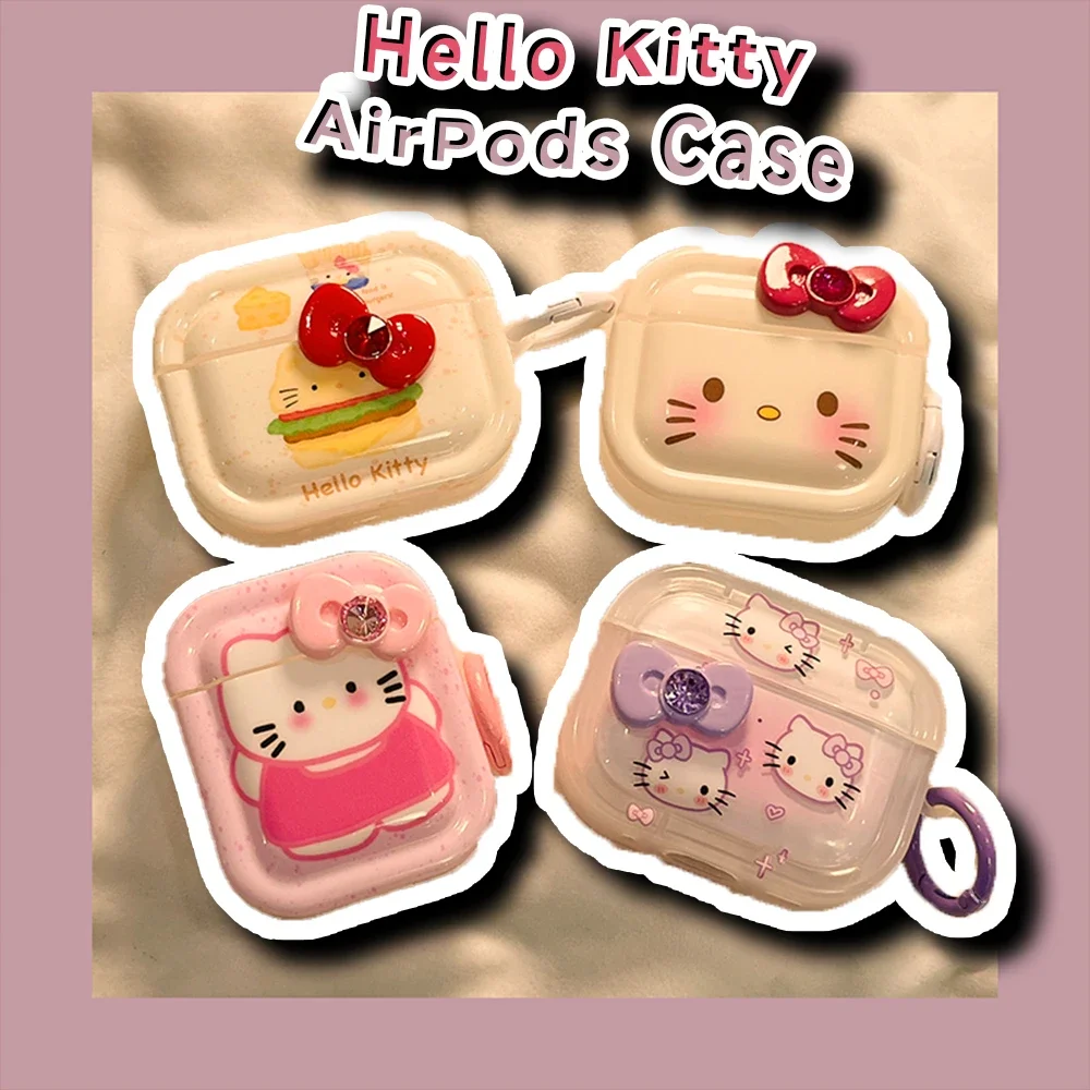 Kawaii Hamburger Hello Kitty 3D Bow Tie Shockproof Case for AirPods 3 2 1 Pro Sanrio Anime Accessories Cute Protective Cover