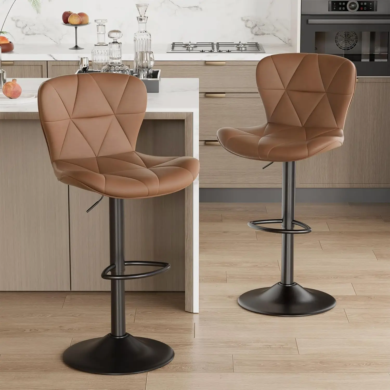 

Bar Stools Set of 2, Modern Faux Leather Adjustable Swivel Barstools, Counter Height Chairs with Back and Footrest for Kitche
