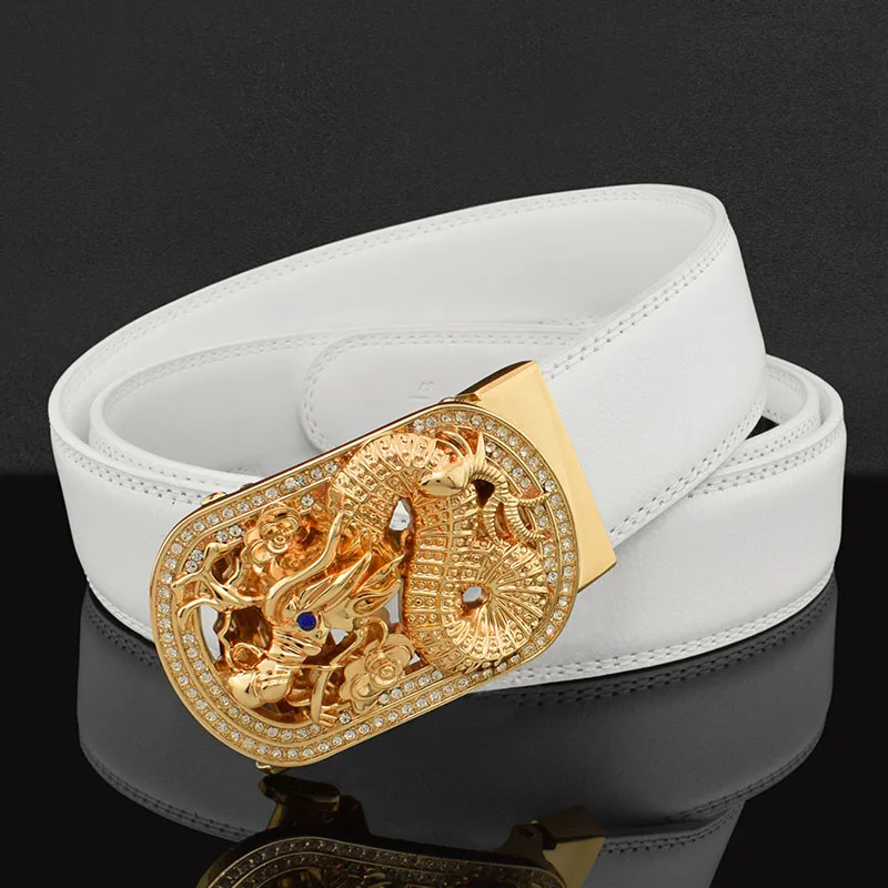 

High Quality White Letter Genuine Leather Belts Men Designers Luxury Famous Brand Automatic Buckle Chinese Dragon Ceinture Homme